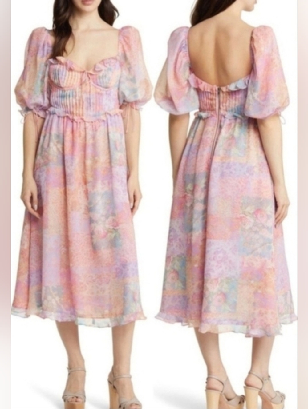 For Love & Lemons Pastel Floral  Midi Dress